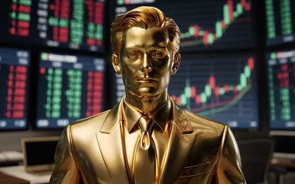 4K Ultra HD desktop wallpaper of a gold businessman statue in a trading room, polished figure in suit and tie with stock charts and tickers on monitors behind.