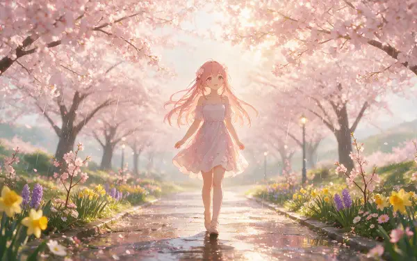 2K Quad HD PC desktop wallpaper, anime girl walking down a cherry-blossom path in spring, pink petals drifting as sunlight filters through blooming trees.