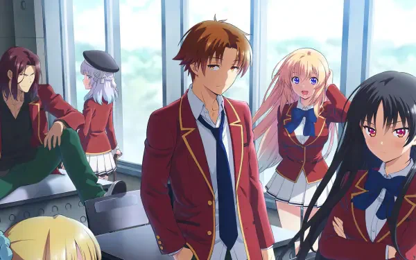 Classroom of the Elite 4K Ultra HD PC desktop wallpaper/background: five students in red uniforms posing in a sunlit classroom by large windows.