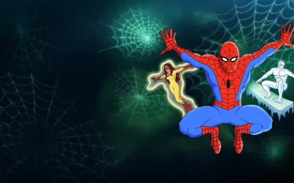 HD PC desktop wallpaper of Spider-Man and His Amazing Friends: Spider-Man lunging forward with Firestar and Iceman against glowing spiderwebs on a dark green background.