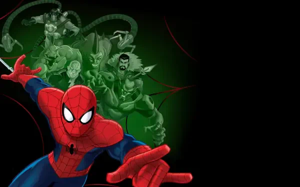 Ultimate Spider-Man lunges forward with a green-tinged villain lineup behind — 4K Ultra HD PC desktop wallpaper and background.