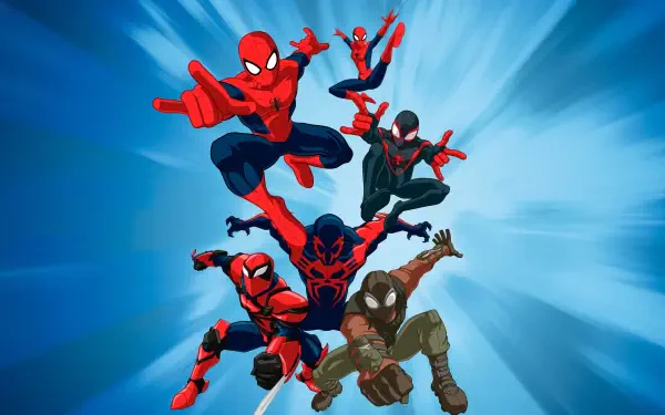 Ultimate Spider-Man (TV Show) 4K Ultra HD PC desktop wallpaper/background: five Spider-Man variants leaping toward the viewer on a blue radial burst backdrop.