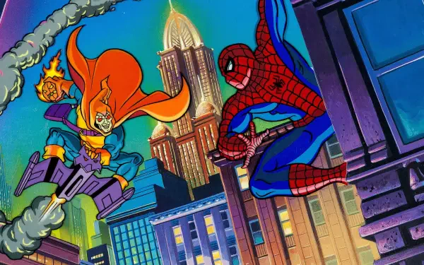 Spider-Man: The Animated Series 2K Quad HD PC desktop wallpaper — Spider-Man swings past neon skyscrapers as a cape-clad villain on a glider charges from above.