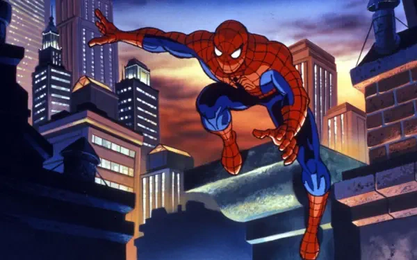 Spider-Man from Spider-Man: The Animated Series leaps across rooftops at dusk with a lit city skyline — HD PC desktop wallpaper/background.