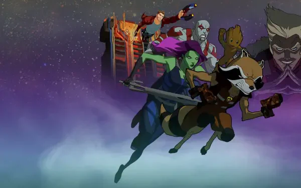 HD PC desktop wallpaper of Marvel's Guardians of the Galaxy: stylized team—Star-Lord, Gamora, Drax, Rocket and Groot—leap against a purple, starry cosmic background.