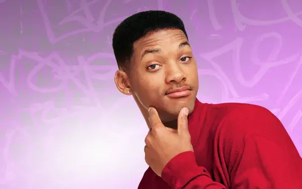 4K Ultra HD PC desktop wallpaper of a 1990s sitcom–style portrait: young man in a red sweater smirking with hand on chin against a purple, graffiti-patterned background.