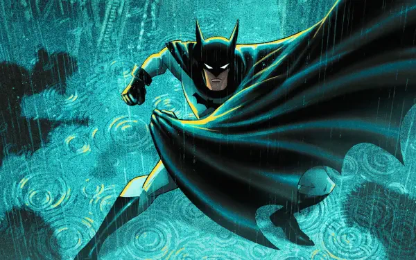 HD PC desktop wallpaper: Batman: Caped Crusader lunging through teal rain, cape unfurled, brooding mask and stylized Gotham textures in the background.
