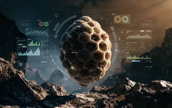 Futuristic floating beehive structure above a rocky alien landscape with holographic HUD overlays — 4K Ultra HD PC desktop wallpaper and background.