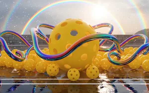 4K Ultra HD PC desktop wallpaper and background: surreal pickleball scene with a giant yellow wiffle ball, many smaller balls on a glossy court, iridescent ribbons and a double rainbow.