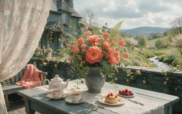 Vintage spring 4K Ultra HD PC desktop wallpaper: sunlit cottage porch with vase of coral roses, tea set and pastries on a wooden table overlooking rolling green hills.