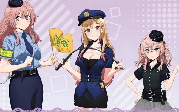 My Dress-Up Darling anime 4K Ultra HD PC desktop wallpaper: three girls in police-style outfits posed against a purple patterned backdrop.