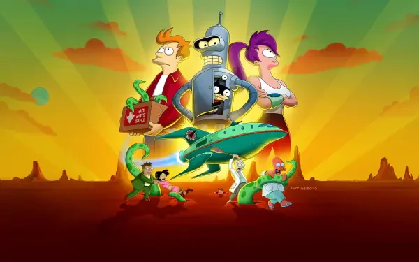 Futurama cast (Fry, Bender, Leela and crew) with the Planet Express ship at sunset — 4K Ultra HD PC desktop wallpaper background.
