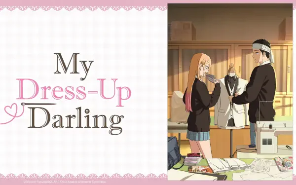 My Dress-Up Darling anime 4K Ultra HD PC desktop wallpaper: two characters in a sewing room fitting a dress on a mannequin, surrounded by fabrics, sewing tools, and warm sunlight.