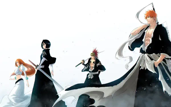 Bleach: Thousand-Year Blood War 8K Ultra HD PC wallpaper—Ichigo, Rukia, Orihime and Renji in flowing shinigami robes posed against a minimalist white background.