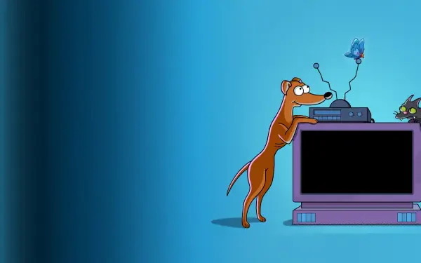 The Simpsons 4K Ultra HD PC wallpaper: a brown cartoon rodent fiddling with a TV console on a blue gradient background.