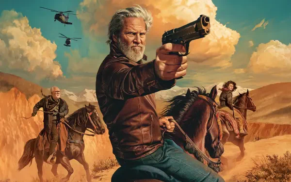 The Old Man — 4K Ultra HD PC desktop wallpaper: weathered gunman on horseback pointing a pistol across a desert canyon, flanked by riders and helicopters under a dramatic sky.