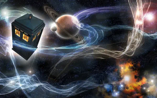 Doctor Who (2005) 4K Ultra HD PC desktop wallpaper: the TARDIS drifting through swirling cosmic nebulae, planets and luminous time-energy trails against a starfield.