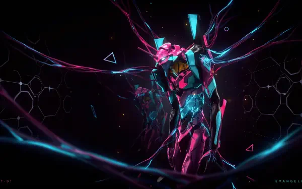 Neon Genesis Evangelion–inspired neon cyborg in pink and teal, cables and shards erupting amid hexagonal voids, glowing trails — 4K Ultra HD PC desktop wallpaper/background.