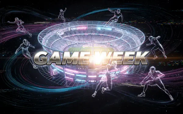 4K Ultra HD PC desktop wallpaper/background: futuristic glowing stadium with bold GAME WEEK metallic text and dynamic soccer player silhouettes orbiting in streaks of light.