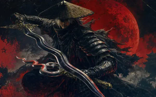 Phantom Blade Zero samurai warrior in dark layered armor and straw hat, gripping a curved sword before a blood-red moon — 4K Ultra HD PC desktop wallpaper/background.