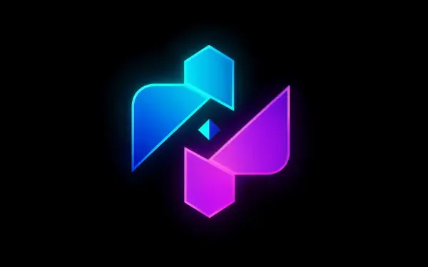 Amoled abstract ICON logo in neon blue and magenta on black, glowing geometric shapes forming an emblem — 4K Ultra HD PC desktop wallpaper background.