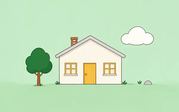 Clean 4K Ultra HD PC desktop wallpaper: minimalist illustration of a small white house with a yellow door, tree, cloud, and pale green background.