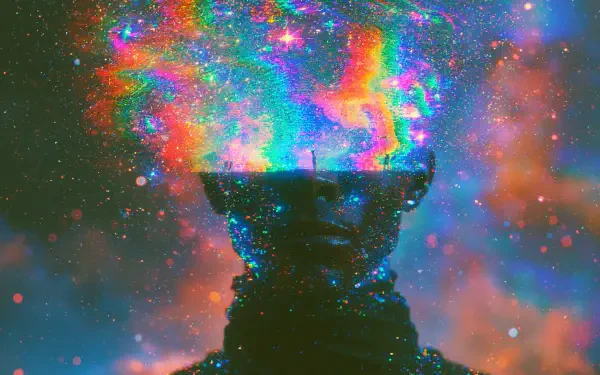 Artistic 2K Quad HD PC wallpaper: silhouetted human bust with a vivid nebula and galaxy erupting from the head amid colorful cosmic clouds.