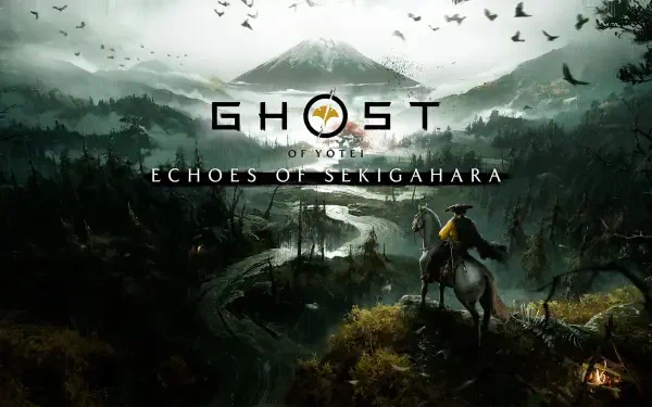 HD PC desktop wallpaper for the video game Ghost of Yōtei — a lone samurai on horseback surveys a misty valley and Mount Yōtei, Echoes of Sekigahara logo looming overhead.