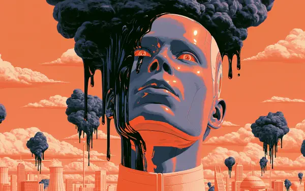 2K Quad HD PC desktop wallpaper: surreal dystopian portrait of a glossy human head melting into black smoke above a city, vivid orange sky, exploring themes of humanity.