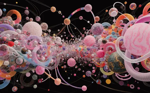 Maximalist abstract 4K Ultra HD PC desktop wallpaper and background of countless colorful spheres and particles drifting through a tangled cosmic stream against a black backdrop.