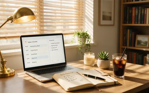 4K Ultra HD desktop wallpaper of a sunlit desk: laptop displaying tasks, open notebook with notes and pens, lamp, plant and iced drink — a productivity workspace.