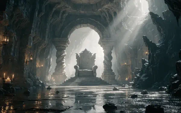 4K Ultra HD PC Desktop Wallpaper and Background: grand dwarven hall carved into a cave, a monumental throne beneath stone arches, shafts of light through mist reflecting on wet flagstones.