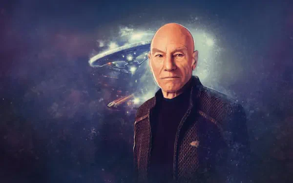 Star Trek: Picard 4K Ultra HD PC desktop wallpaper — a bald older man in a dark jacket stands before a glowing starship and swirling nebula background.