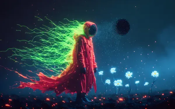 2K Quad HD PC desktop wallpaper of an extraterrestrial character: a glowing alien being in a red cloak with green energy tendrils standing in a starry space field with luminous flowers.