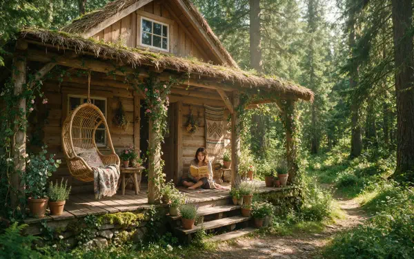 Boho cabin cottage nestled in a sunlit forest, moss-covered roof and a cozy porch with a hanging rattan chair and potted plants — 4K Ultra HD PC desktop wallpaper.