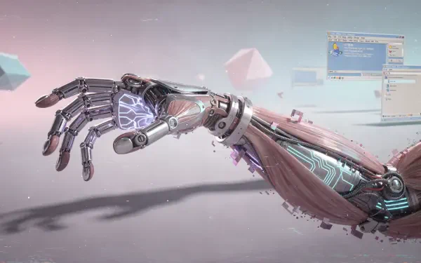 4K Ultra HD PC desktop wallpaper of a sleek cybernetic prosthetic arm and robotic hand with exposed circuitry and glowing elements.
