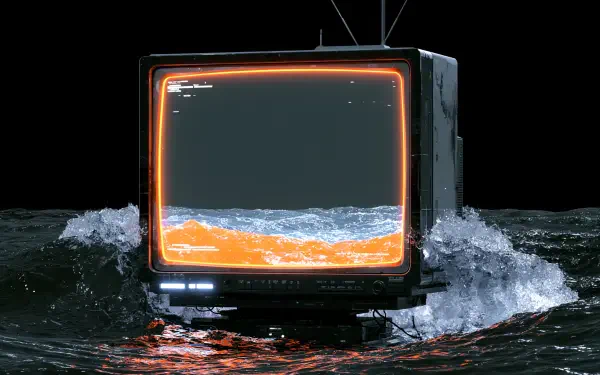 Artistic CRT television submerged in dark water, waves spilling across a glowing orange-bordered screen — 2K Quad HD PC desktop wallpaper/background.