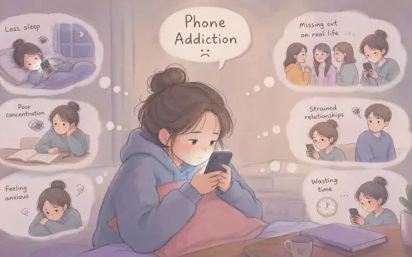 4K Ultra HD PC desktop wallpaper: girl hunched over smartphone with Phone Addiction bubble; smaller bubbles depict missed social life, strained relationships, poor sleep, anxiety and wasted time.