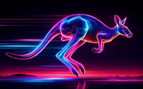 Neon cyberpunk kangaroo in motion with glowing blue and pink streaks, reflected on a sleek horizon — 4K Ultra HD PC desktop wallpaper and background.