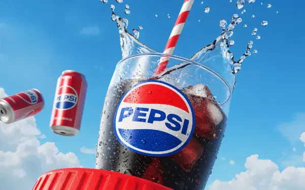 4K Ultra HD PC desktop wallpaper and background: Pepsi cola soft drink — glass of fizzy soda with ice, striped straw and dramatic splash against a bright blue sky with floating Pepsi cans.