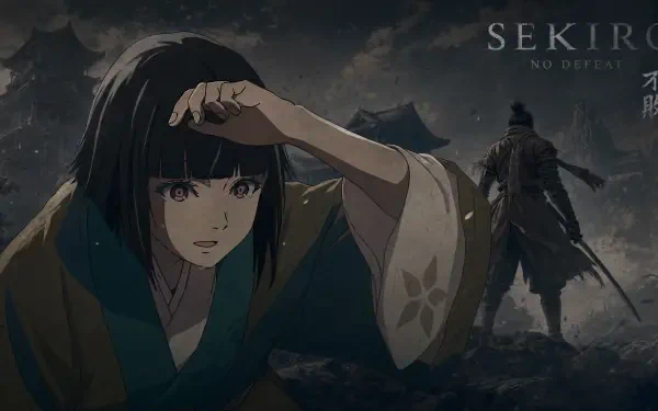 4K Ultra HD PC desktop wallpaper — Sekiro: No Defeat anime scene with a young girl in the foreground and a lone shinobi silhouetted over stormy rooftops.