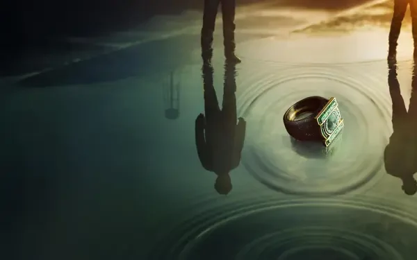 Lanterns (2026) TV Show 4K Ultra HD PC desktop wallpaper: two silhouetted figures beside water as ripples circle a glowing lantern-like device floating between them.