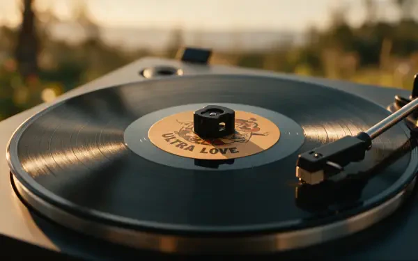 Close-up of a vinyl record spinning on a turntable with warm sunlight and soft outdoor bokeh — 4K Ultra HD PC desktop wallpaper and background.