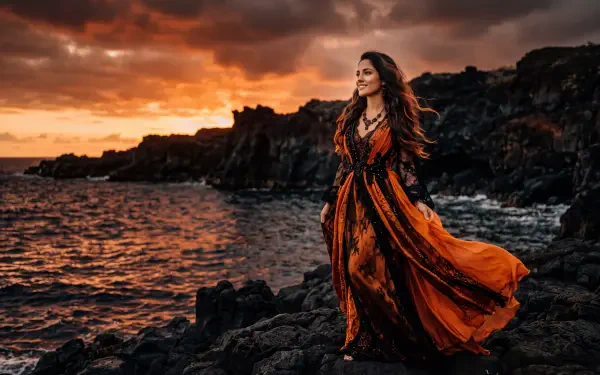 5K Ultra HD PC desktop wallpaper background: woman in flowing black-and-orange dress stands on a rocky shore at dramatic sunset, waves and volcanic rocks framing her.