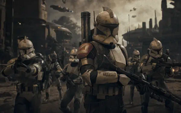 Star Wars: Zero Company video game 4K Ultra HD PC desktop wallpaper: soldiers in heavy armor with blasters march through a ruined city as ships hover overhead.