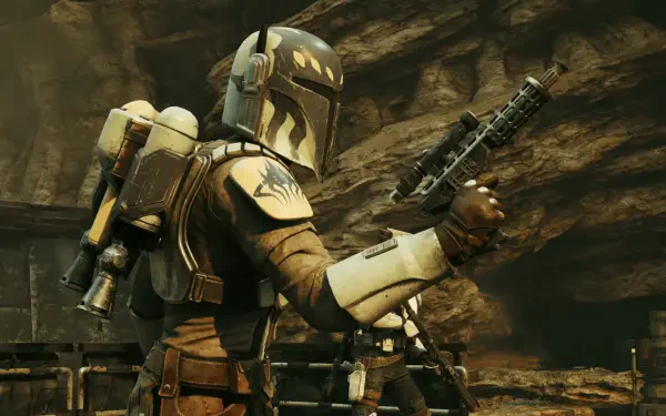 4K Ultra HD PC desktop wallpaper background: Star Wars: Zero Company video game soldier in weathered armor aiming a blaster in a rocky canyon.