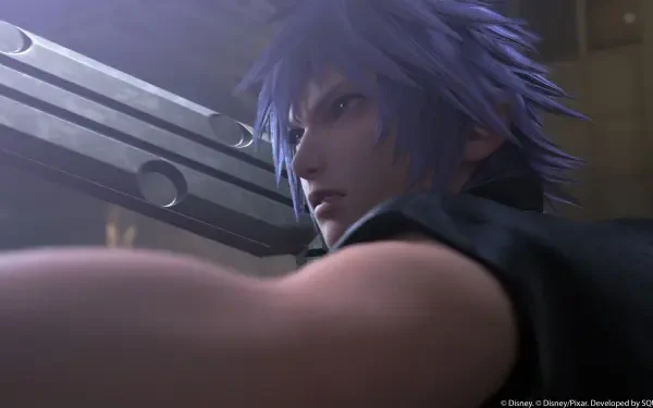Kingdom Hearts IV anime-style 4K Ultra HD PC desktop wallpaper: close-up of a blue‑haired protagonist gripping a massive sword amid moody, cinematic lighting.