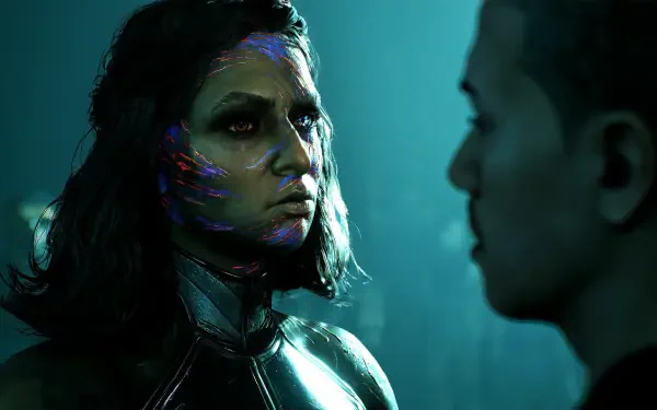 HD PC wallpaper from the video game Star Wars: Zero Company — Kundri Fathom, a woman with scarred, glowing cybernetic facial implants, stares at a silhouetted figure in teal light.