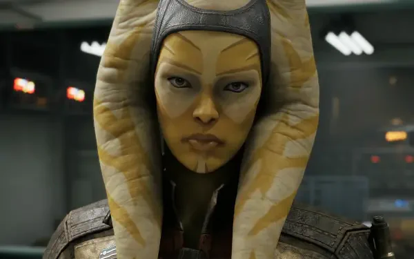 HD PC desktop wallpaper: close-up of Runa Blask, an alien from the video game Star Wars: Zero Company, stern gaze aboard a dim starship interior.