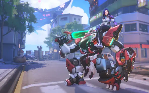 4K Ultra HD PC desktop wallpaper: Overwatch mecha dinosaur — red-and-white armored mech with a pilot on its back prowling a sunlit city street (video game).